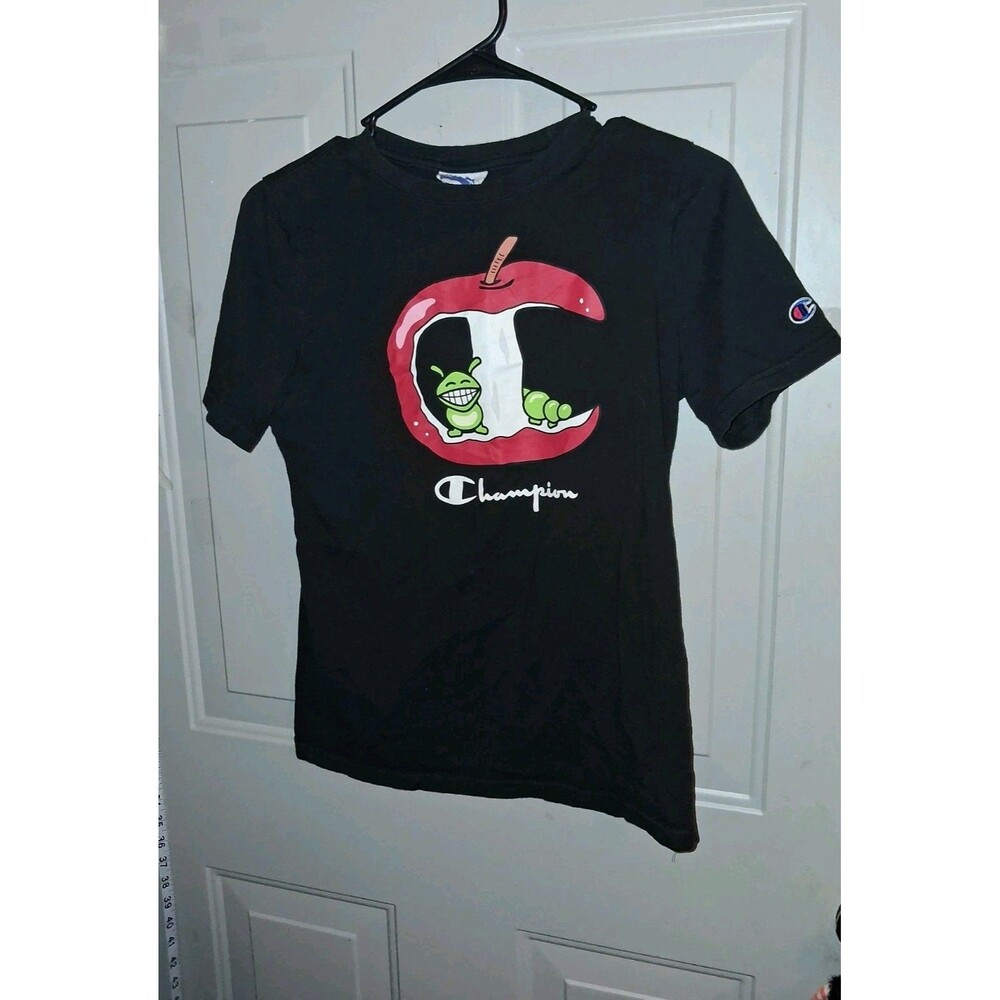 Champion Boys XL Black Graphic T Shirt Worm Apple Logo Sleeve Patch